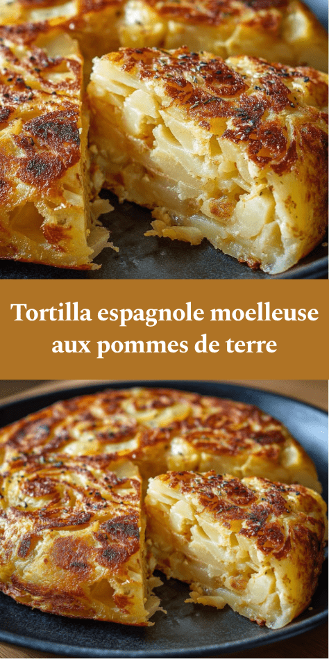 Tortilla espagnole maison dorée, épaisse et moelleuse, garnie de pommes de terre fondantes, coupée en parts façon tapas.