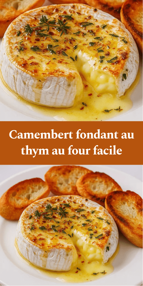 Camembert fondant entier fondu au four avec thym et ail, texture coulante, servi dans sa boîte avec pain croustillant à tremper.