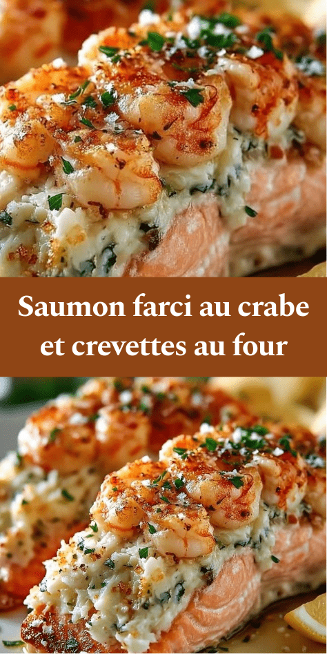 Filet de saumon farci au crabe et aux crevettes, garni de persil frais et légèrement doré au four dans un plat de cuisson.
