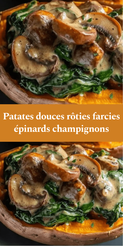 Patates douces rôties au four garnies d’épinards et champignons crémeux, parsemées de parmesan et persil frais dans une assiette.