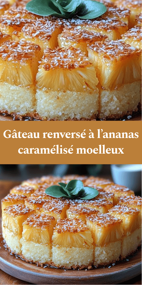 Gâteau renversé à l’ananas caramélisé avec tranches d’ananas dorées et caramel brillant sur un gâteau moelleux.