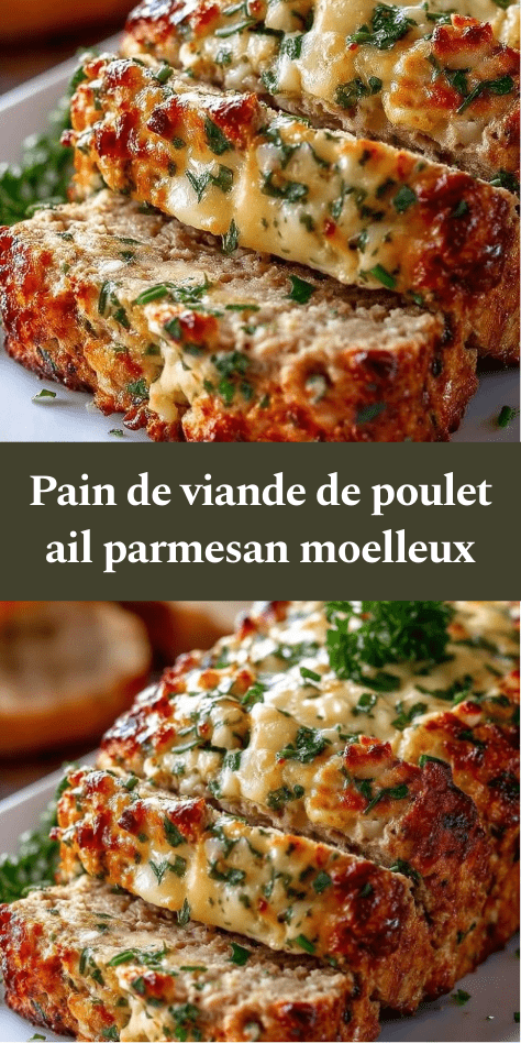Pain de viande de poulet à l’ail et au parmesan doré au four, tranché et garni de persil frais sur une assiette.
