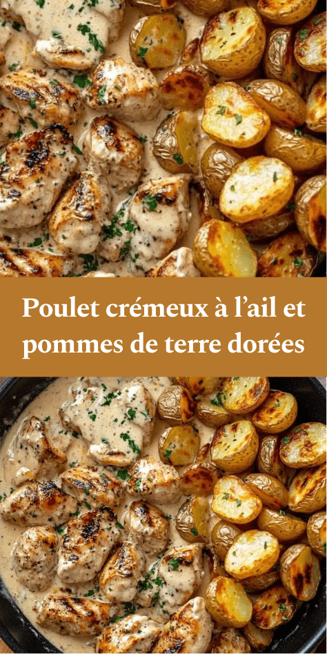 Morceaux de poulet crémeux à l’ail accompagnés de pommes de terre dorées croustillantes et persil frais dans une poêle.