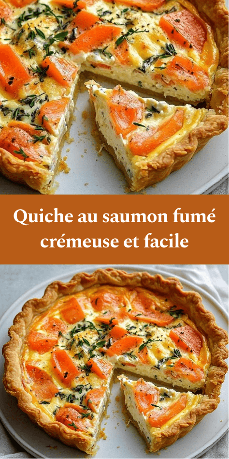 Quiche au saumon fumé dorée au four avec garniture crémeuse aux œufs et herbes fraîches dans un moule à tarte.