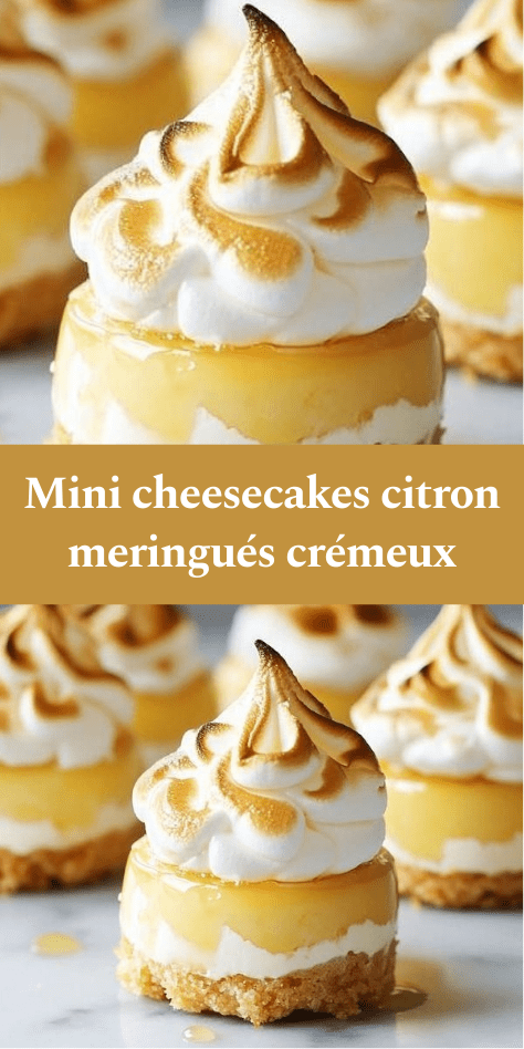 Mini cheesecakes au citron avec base biscuitée croustillante et meringue dorée légèrement caramélisée sur le dessus.