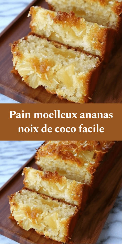 Pain moelleux à l’ananas et noix de coco doré au four avec morceaux d’ananas visibles et texture tendre.