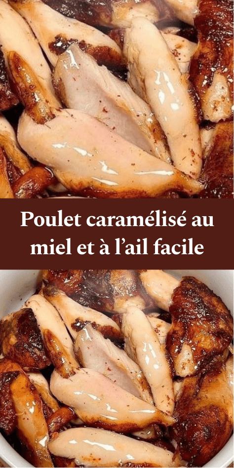 Morceaux de poulet caramélisé au miel et à l’ail nappés d’une sauce brillante et servis avec persil frais.