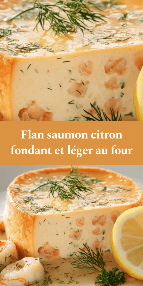Flan de poisson au saumon et citron démoulé sur assiette, texture fondante, parsemé d’aneth frais, accompagné de rondelles de citron.
