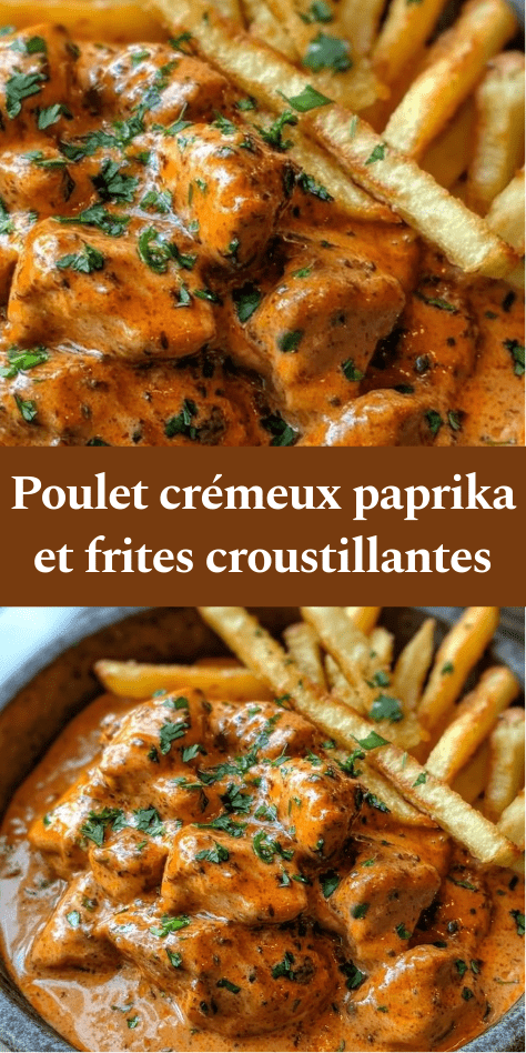 Morceaux de poulet nappés de sauce crémeuse au paprika servis avec frites dorées et croustillantes dans une assiette.