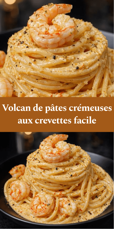 Volcan de pâtes spaghetti crémeux au parmesan garni de crevettes dorées et persil frais dans une assiette.