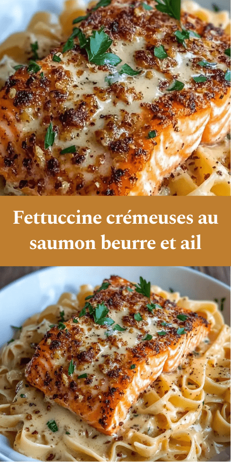 Fettuccine crémeuses au beurre et à l’ail garnies d’un filet de saumon doré et de persil frais dans une assiette.