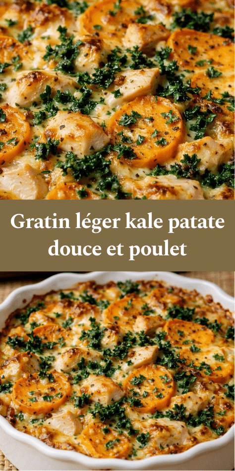 Gratin léger au kale, patate douce et poulet doré au four avec texture crémeuse et légumes visibles dans un plat.