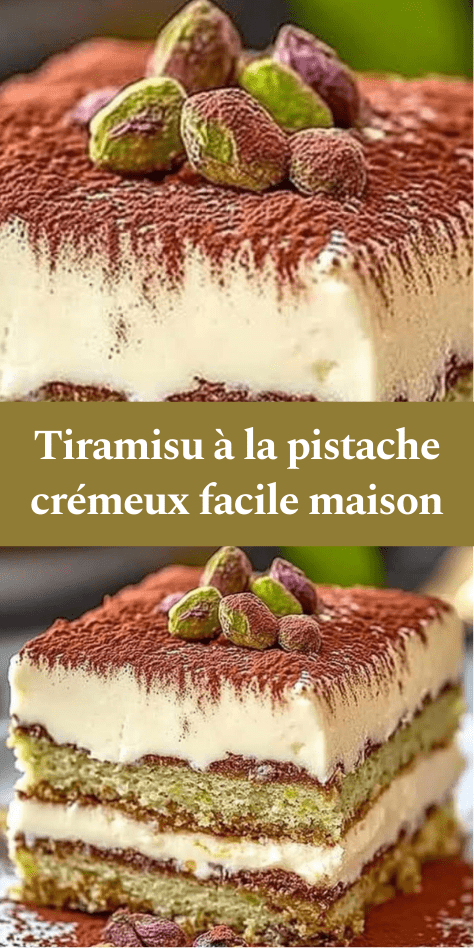 tiramisu à la pistache crémeux avec couche de mascarpone à la pistache, biscuits imbibés de café et pistaches concassées sur le dessus