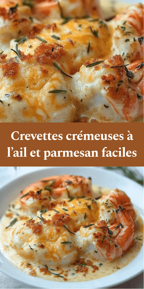 crevettes dorées dans une sauce crémeuse à l’ail et parmesan légèrement gratinée avec persil frais dans une poêle