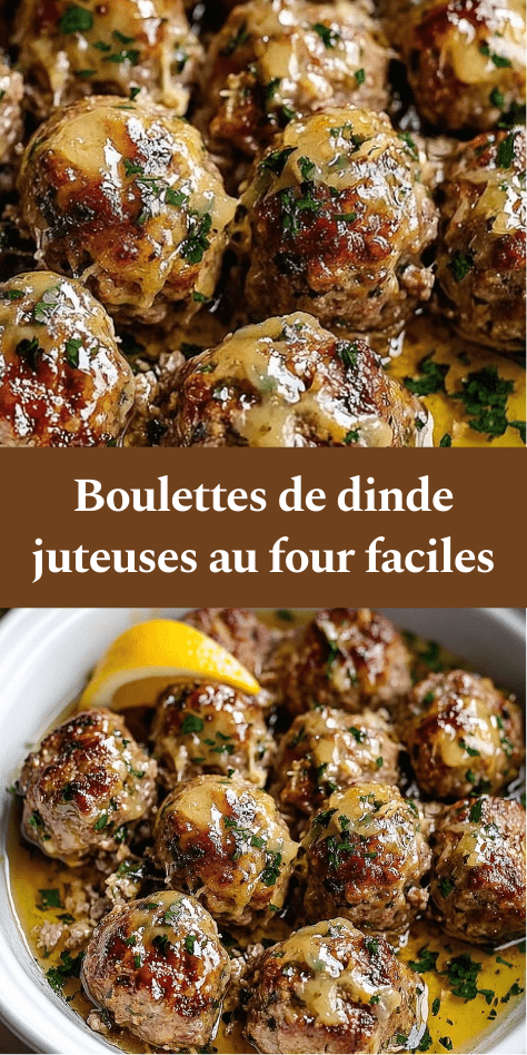 boulettes de dinde dorées au four nappées d’une sauce citronnée au beurre avec persil frais dans une assiette