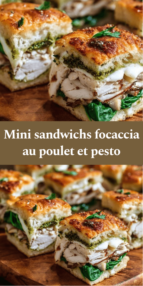 mini sandwichs focaccia garnis de poulet, pesto, mozzarella fondante et jeunes pousses d’épinards coupés en petits carrés