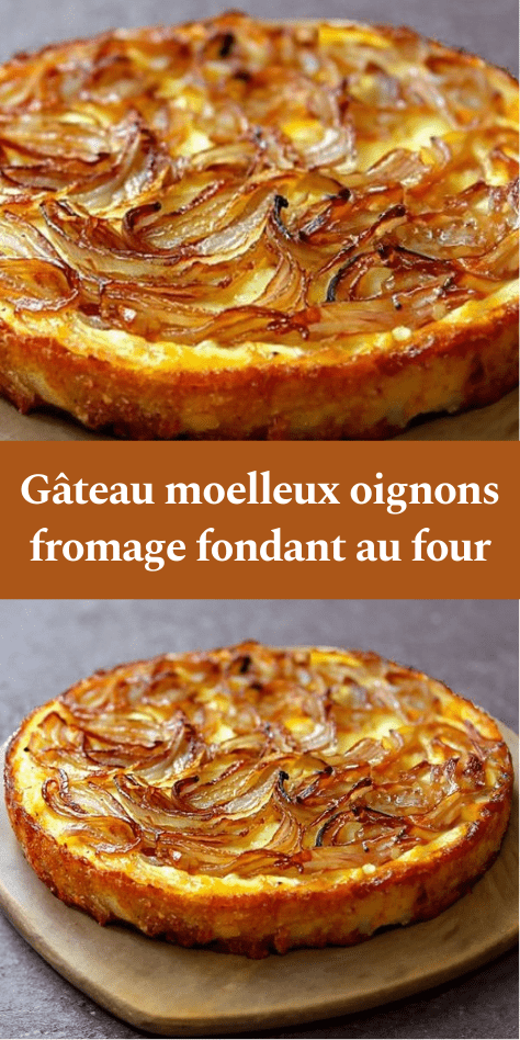 Gâteau salé moelleux aux oignons dorés et fromage fondu, coupé en parts, mie fondante, servi tiède sur une planche avec salade.