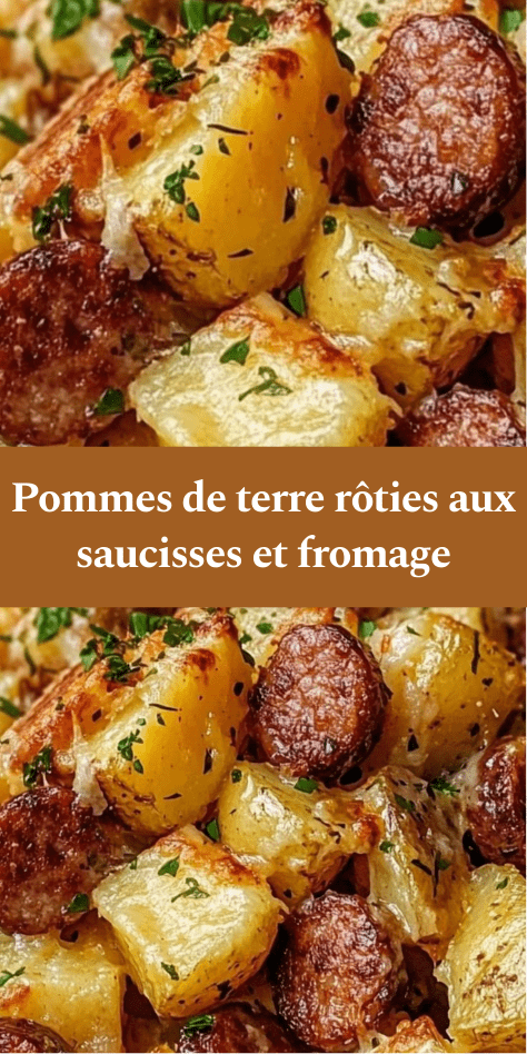 Plat de pommes de terre rôties au four avec rondelles de saucisses fumées dorées, oignons fondants, fromage gratiné et persil frais, servi bien chaud dans un plat rustique.
