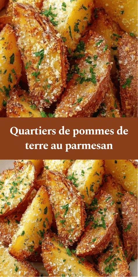 Quartiers de pommes de terre rôtis au four avec parmesan doré, herbes aromatiques, persil frais et bords croustillants, servis chauds sur un plat rustique.