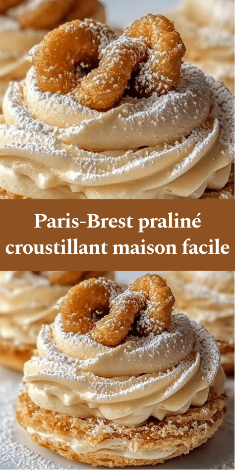 Paris-Brest maison en couronne de pâte à choux dorée garnie de crème pralinée onctueuse, croustillant praliné et sucre glace, décoré de noisettes caramélisées.