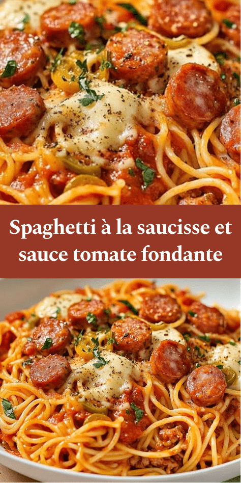 Assiette de Spaghetti à la saucisse nappés de sauce tomate maison avec rondelles de saucisses dorées, fromage fondu et persil frais, servis dans une assiette rustique.