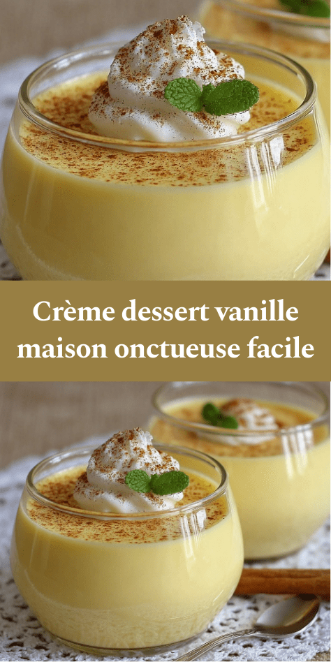 Verrines de crème dessert vanille maison onctueuse garnies de chantilly, saupoudrées de cacao et décorées de feuilles de menthe.