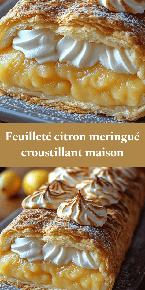 Dessert feuilleté citron meringué avec pâte feuilletée croustillante, crème citron onctueuse, chantilly légère et meringue dorée au chalumeau.