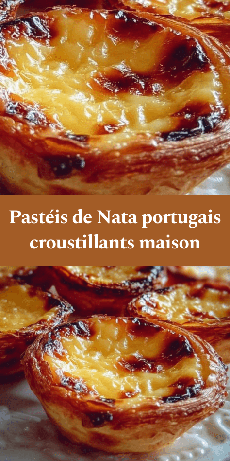 Pastéis de nata portugais dorés avec pâte feuilletée croustillante et crème vanillée légèrement caramélisée, saupoudrés de sucre glace et cannelle.