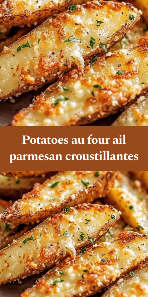 Quartiers de pommes de terre rôtis au four, enrobés de parmesan doré et d’ail, surface croustillante, parsemés de persil frais sur une plaque. Potatoes