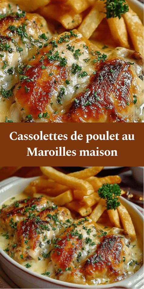 Cassolettes de poulet au Maroilles gratinées au four, servies bien chaudes avec des frites maison dorées et croustillantes, persil frais par-dessus.
