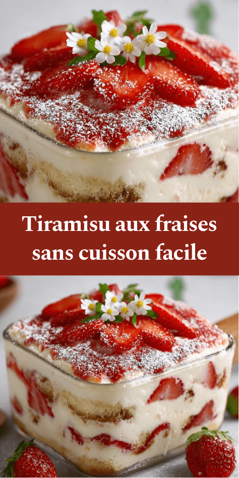 Tiramisu aux fraises sans cuisson servi dans un plat familial, avec couches de biscuits imbibés, crème mascarpone onctueuse, morceaux de fraises fraîches et sucre glace.