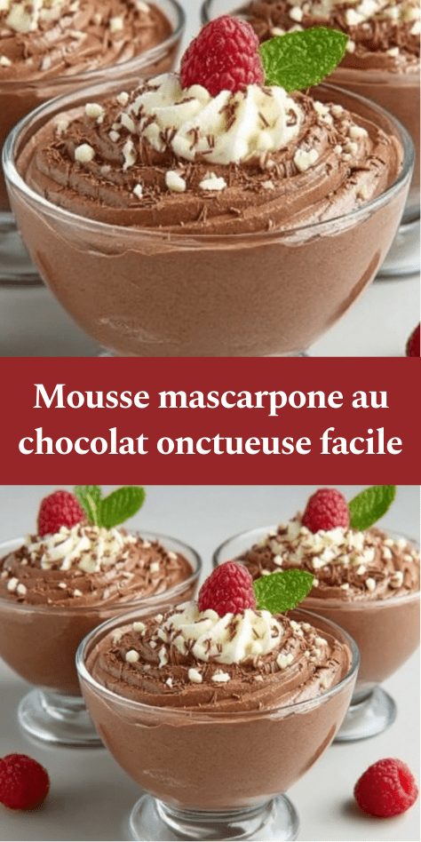 Mousse mascarpone au chocolat servie en verrine, texture aérienne et crémeuse, décorée de framboises fraîches, copeaux de chocolat et feuille de menthe.
