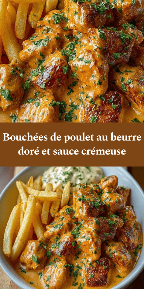 Bouchées de poulet dorées au beurre nappées de sauce crémeuse, servies avec des frites maison croustillantes et du persil frais.