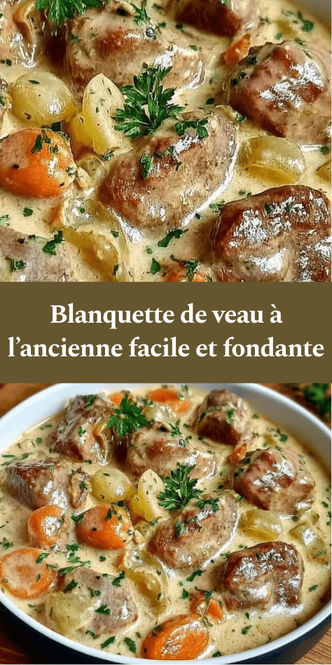Blanquette de veau à l’ancienne servie dans une cocotte, avec morceaux de veau tendres, carottes, champignons, sauce crémeuse et persil frais.