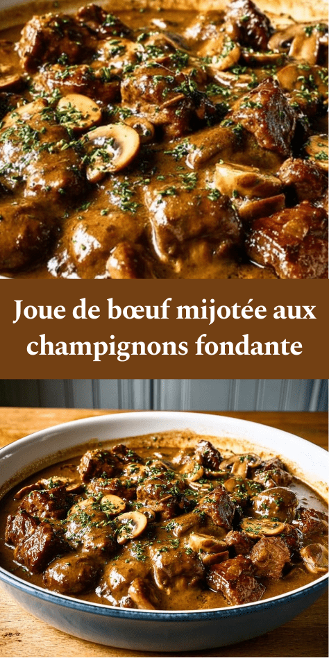 Joue de bœuf mijotée aux champignons servie dans une cocotte, avec morceaux de viande fondants, carottes, sauce brune brillante et persil frais.