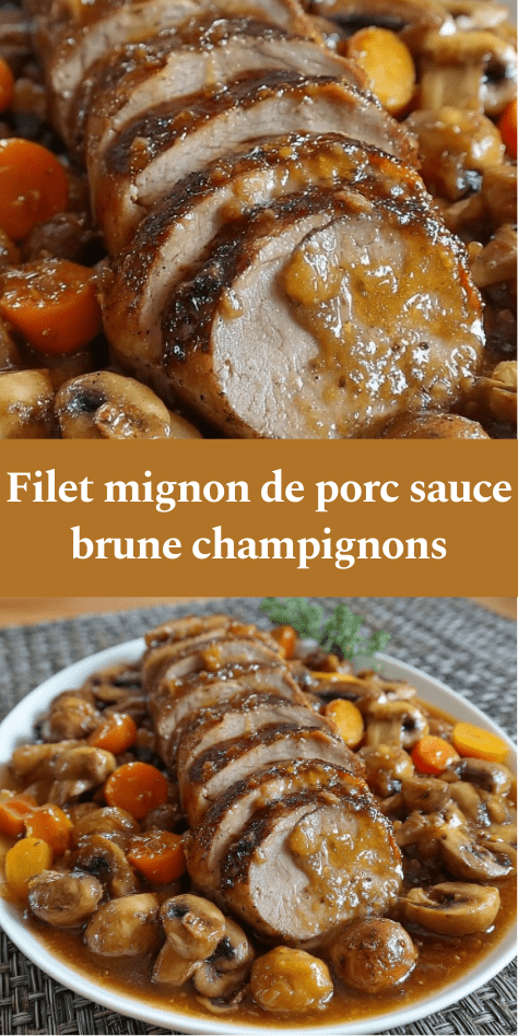 Filet mignon de porc tranché nappé de sauce brune avec champignons fondants et carottes, servi chaud avec persil frais.
