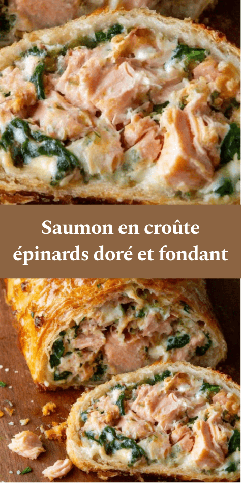 Saumon en croûte aux épinards coupé en tranches, pâte feuilletée dorée et croustillante, cœur de saumon rosé et garniture crémeuse aux épinards.