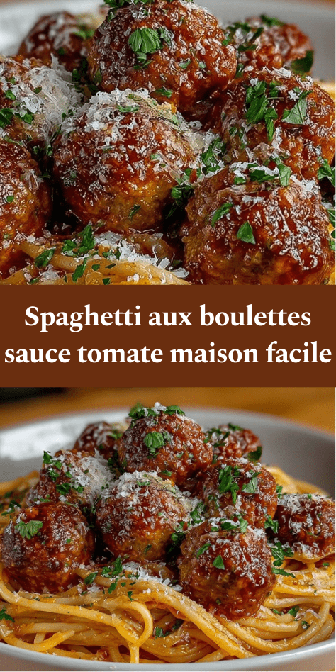 Assiette de spaghetti aux boulettes nappées de sauce tomate maison, avec parmesan râpé et persil frais, servie chaude.