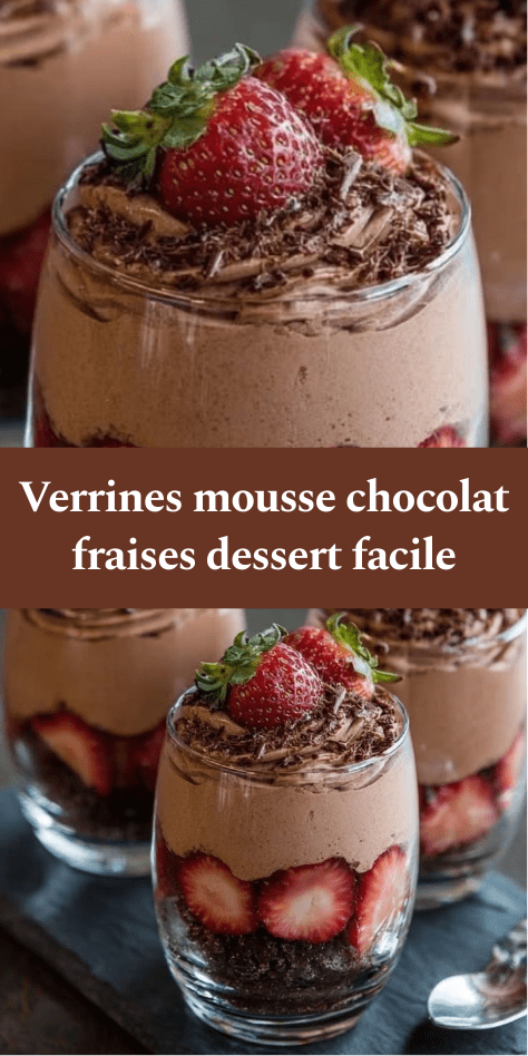 Verrines de mousse au chocolat avec fraises fraîches et base biscuitée croquante, décorées de copeaux de chocolat.