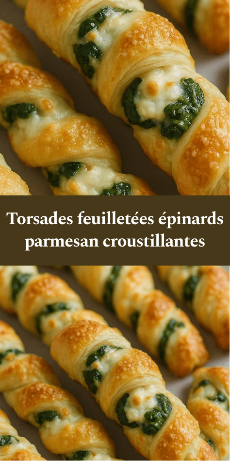 Torsades feuilletées dorées aux épinards et parmesan, croustillantes, servies sur une plaque avec une texture feuilletée visible.