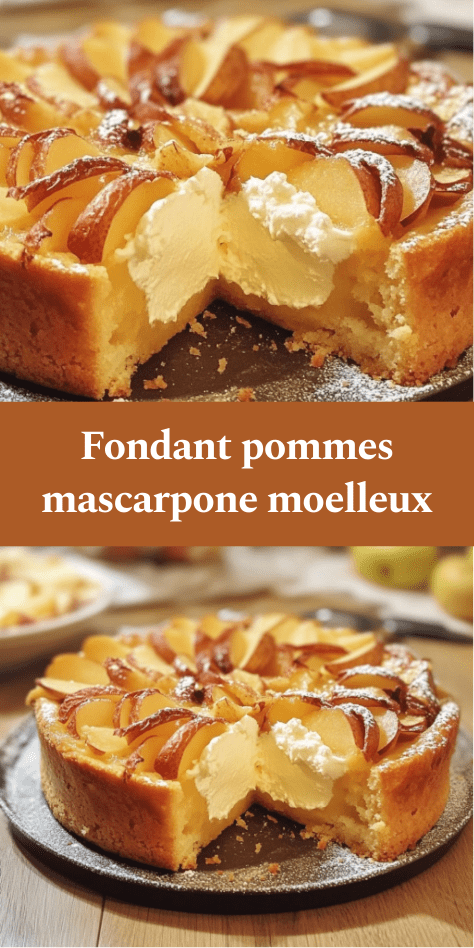 Gâteau fondant aux pommes et mascarpone, texture moelleuse avec tranches de pommes dorées sur le dessus et sucre glace.