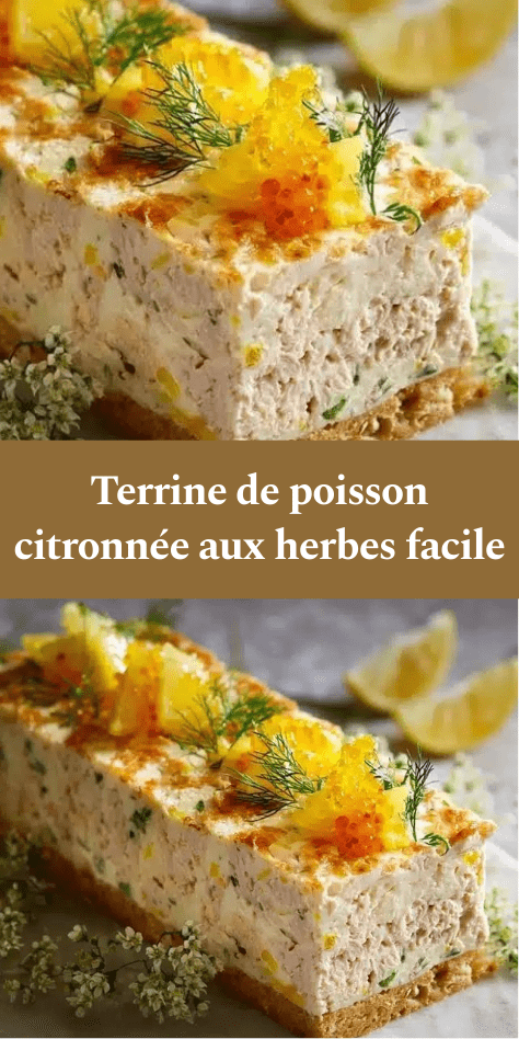 Terrine de poisson citronnée aux herbes, texture lisse et crémeuse, garnie de citron et d’aneth, servie en tranches.