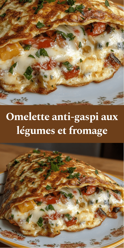 Omelette anti-gaspi dorée à la poêle, garnie de légumes fondants coupés en petits dés, de fromage fondu et d’herbes fraîches, servie chaude dans une assiette avec salade verte.