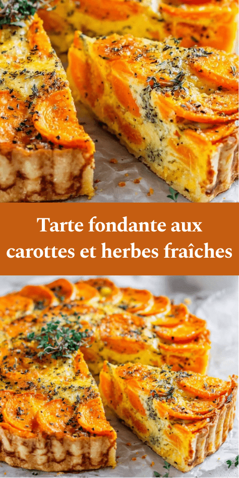 Tarte fondante aux carottes cuite au four, garnie de rondelles de carottes tendres, de fromage gratiné et d’herbes aromatiques, servie dans un moule doré.