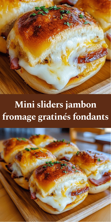 Mini sliders dorés au four, garnis de jambon et fromage fondu filant, badigeonnés de beurre persillé, servis chauds sur une plaque.