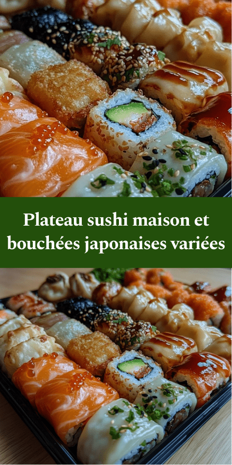 Plateau sushi, makis, nigiris au saumon, tempura de crevettes croustillantes et gyozas dorés, disposés élégamment avec sauce soja.