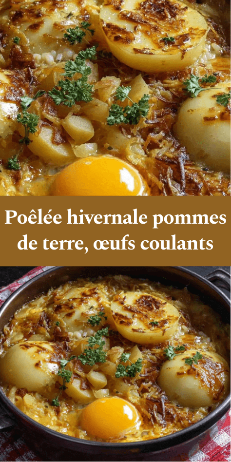 Poêlée hivernale rustique de pommes de terre dorées avec oignons fondants et œufs au jaune coulant, servie chaude avec persil frais dans une poêle.