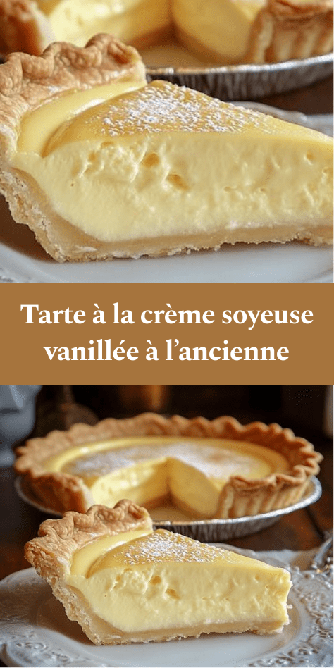 Tarte à la crème soyeuse vanillée à l’ancienne, surface légèrement dorée, pâte croustillante, part découpée montrant une crème lisse et fondante saupoudrée de sucre glace.