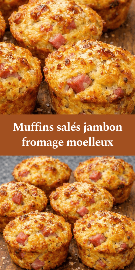 Muffins salés dorés au jambon et fromage, moelleux à l’intérieur avec une croûte gratinée au parmesan, servis tièdes sur une table.