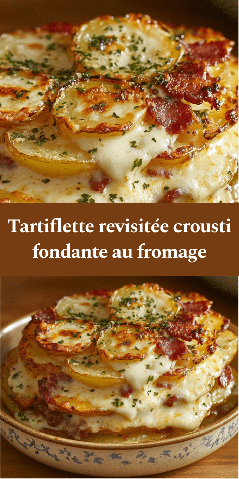 Tartiflette dorée au four avec couches de pommes de terre fondantes, lardons, fromage à raclette gratiné et surface croustillante légèrement dorée.